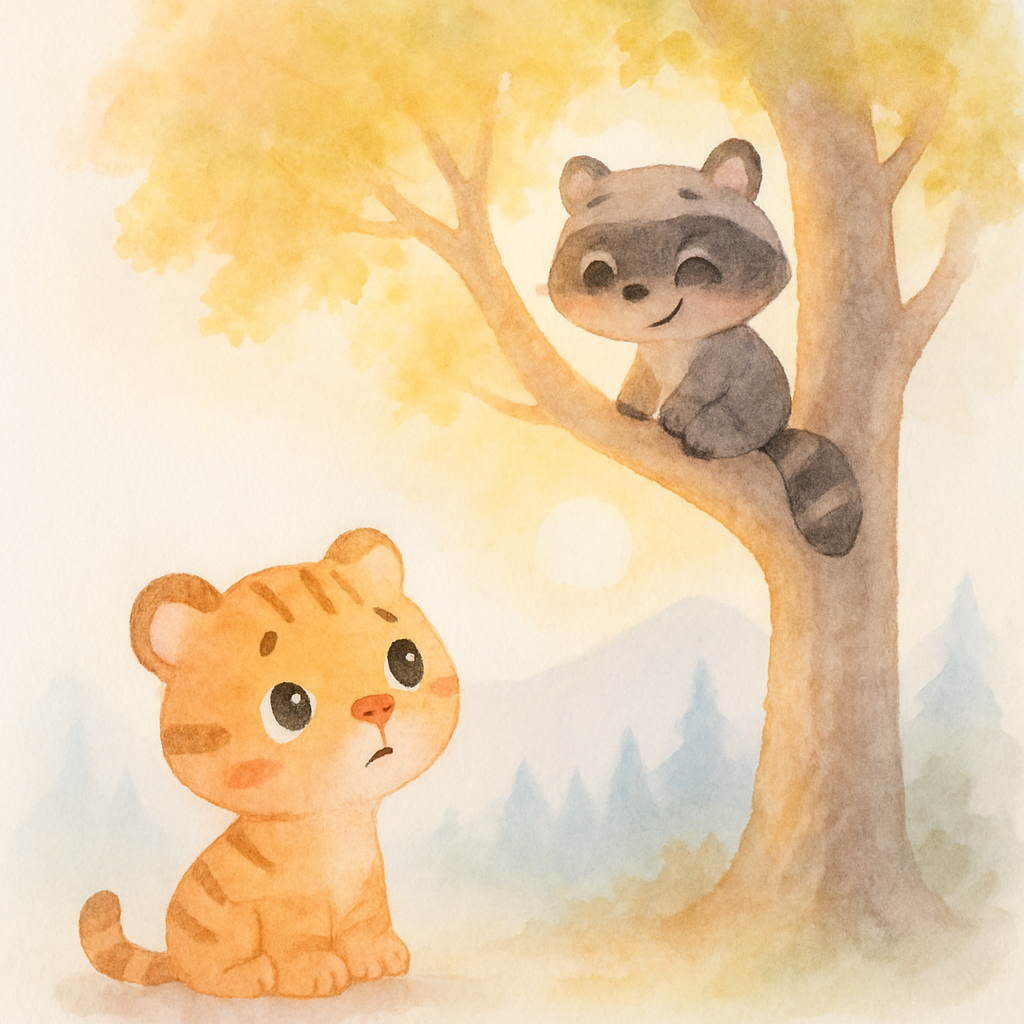 도둑은 나무 위로 올라가고 호랑이는 아래에서 올려다봄